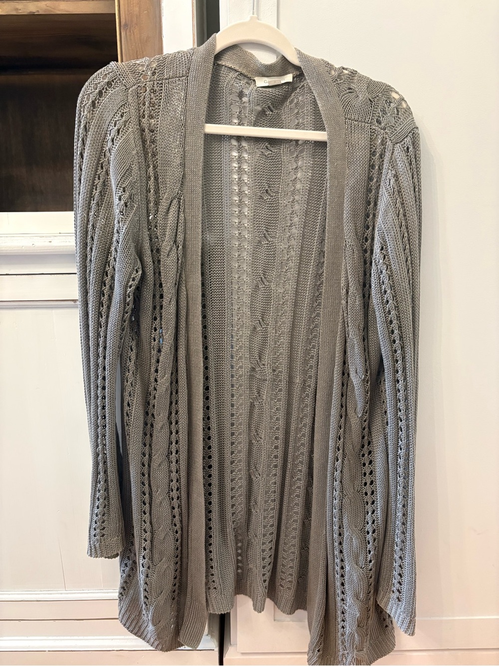 Garnet Hill Gray Open-Front Cable & Eyelet Knit Cardigan